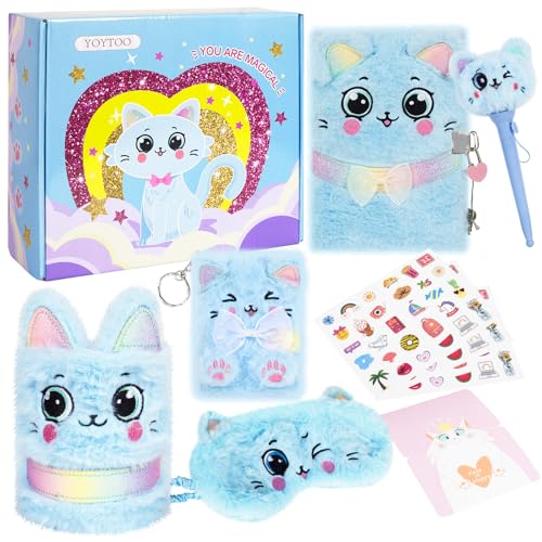 YOYTOO Cat Gifts for Girls Kids Cat Plush Toys with Secret Diary Ballpoint Pen Eye Mask Pen Holder Stickers Birthday Gifts for Little Girls Age 5 6 7 8 9 1012 Years Old - Image 1