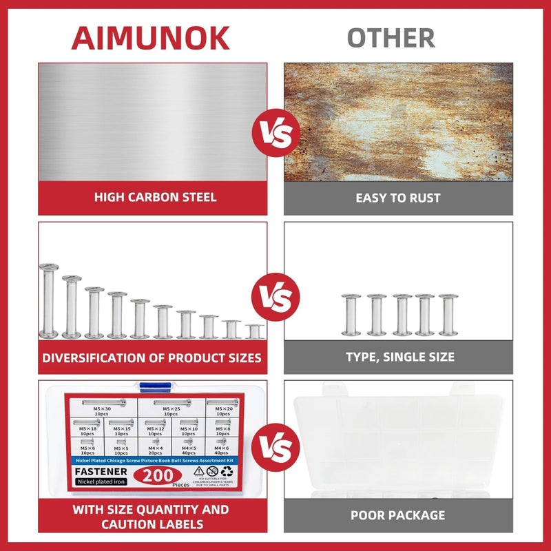 200 قطعة مجموعة متنوعة من مسامير شيكاغو 10 أحجام فيليبس فضية مسامير ربط لألبومات الصور وسجلات القصاصات - Image 5