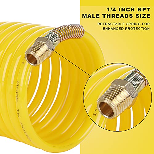 JOROY 1/4 Inch × 25 Ft Recoil Nylon Air Hose, 1/4 Inch MNPT Brass Air Compressor Accessories Fitting, Lightweight Yellow Nylon Compressor Hose - Image 4