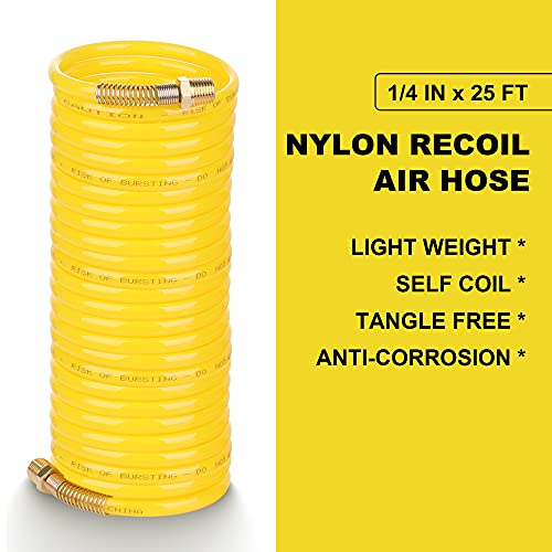 JOROY 1/4 Inch × 25 Ft Recoil Nylon Air Hose, 1/4 Inch MNPT Brass Air Compressor Accessories Fitting, Lightweight Yellow Nylon Compressor Hose - Image 2