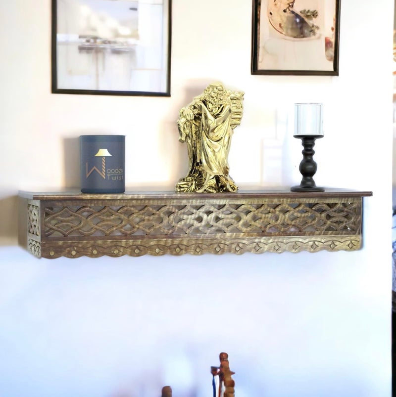 Onlineshoppee Wooden Fancy Hand Carved Wall Shelf with Jali Work - Decorative Wall Art Shelves - Image 3
