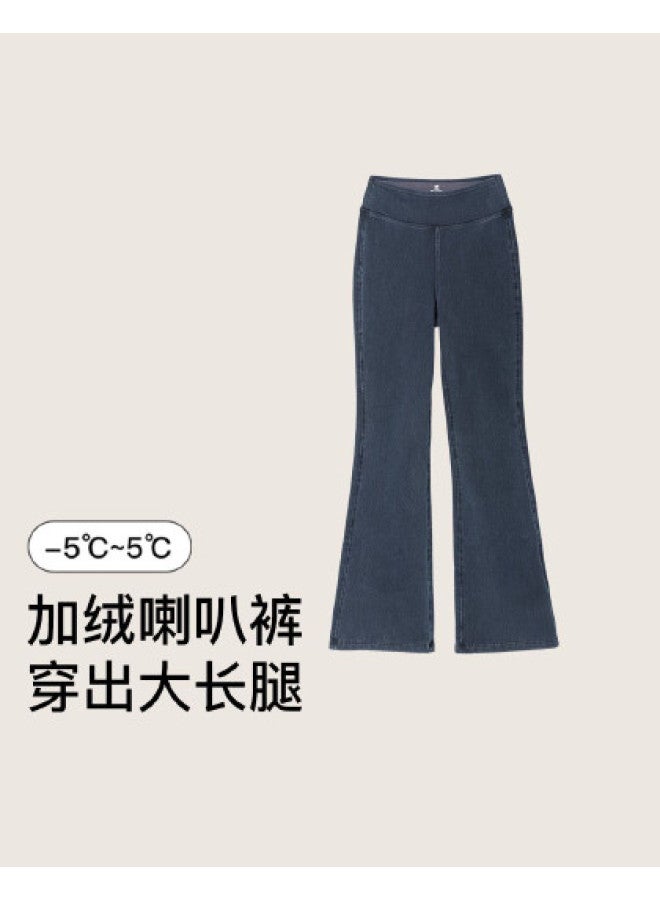 ubras Flared Pants With Faux Denim And Fleece Lining, High-Waisted Casual Warm Pants For Women - Image 1