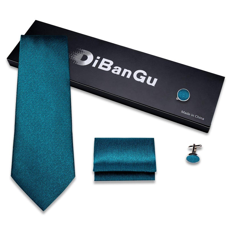 DiBanGu Mens Tie Set Silk Solid Paisley Necktie and Pocket Square Cufflinks Classic Formal Ties for Men Wedding Party, Teal - Image 3