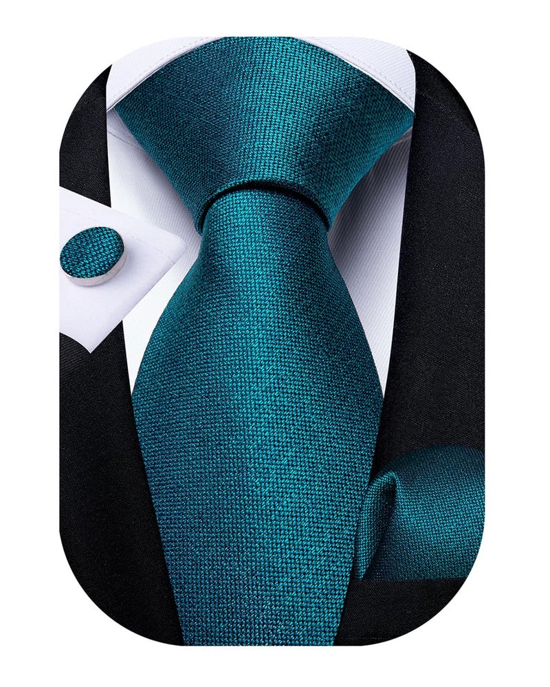 DiBanGu Mens Tie Set Silk Solid Paisley Necktie and Pocket Square Cufflinks Classic Formal Ties for Men Wedding Party, Teal - Image 2