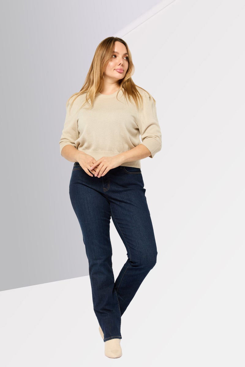 Michael Kors Women Crew Neck Puff Sleeve Rib Knit Blouse, Khaki  - Image 3
