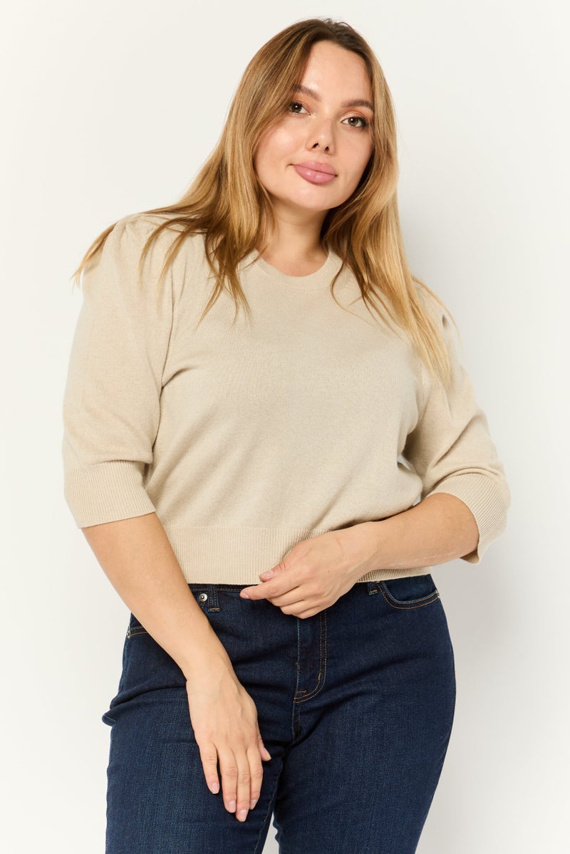 Michael Kors Women Crew Neck Puff Sleeve Rib Knit Blouse, Khaki  - Image 1