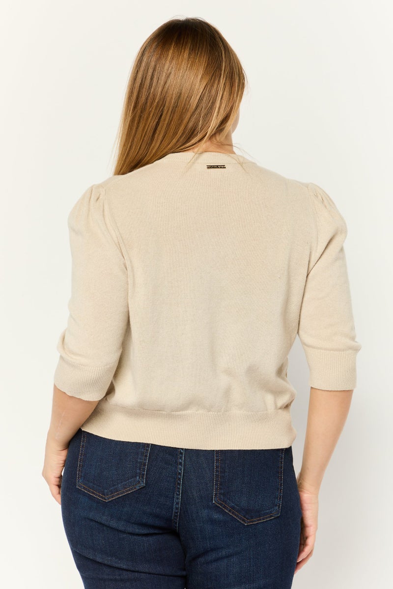 Michael Kors Women Crew Neck Puff Sleeve Rib Knit Blouse, Khaki  - Image 2