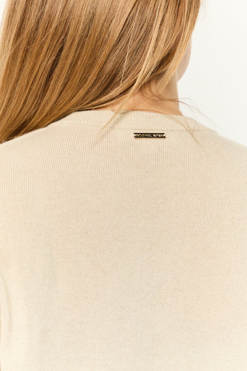 Michael Kors Women Crew Neck Puff Sleeve Rib Knit Blouse, Khaki  - Image 4