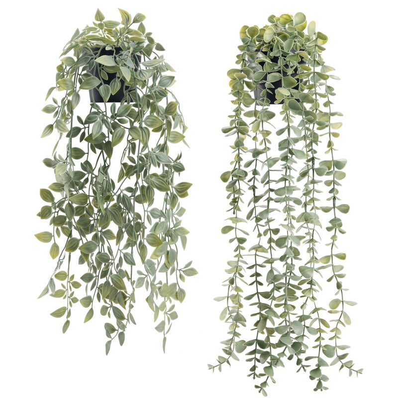 Der Rose 2Pcs Fake Plants Hanging Artificial Decor Faux Potted Eucalyptus and Pea Pod Plants for Boho Bathroom Home Office Desk Wall Shelf Bookcase Accessories Decor Indoor - Image 1