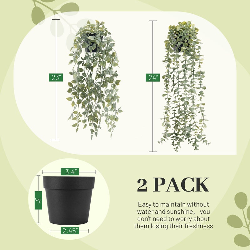 Der Rose 2Pcs Fake Plants Hanging Artificial Decor Faux Potted Eucalyptus and Pea Pod Plants for Boho Bathroom Home Office Desk Wall Shelf Bookcase Accessories Decor Indoor - Image 3