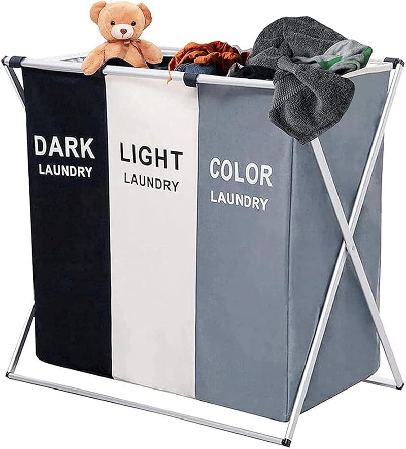 Showay laundry basket cloth hamper sorter bin foldable 3 sections foldable hamper/sorter with waterproof oxford bags and aluminum frame, washing clothes storage for home, dormitory - Image 1