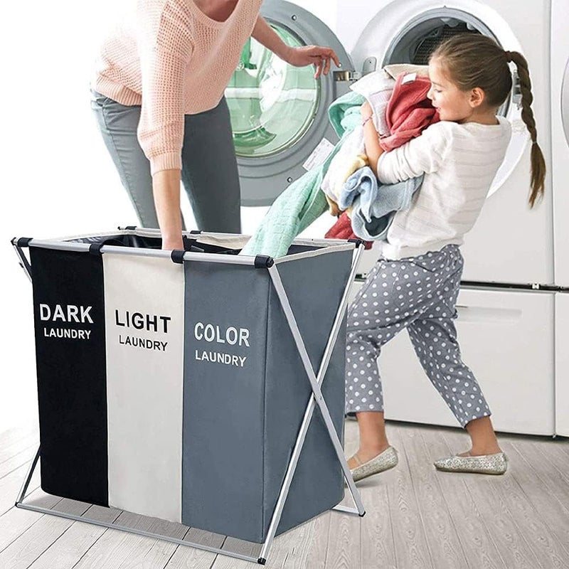 Showay laundry basket cloth hamper sorter bin foldable 3 sections foldable hamper/sorter with waterproof oxford bags and aluminum frame, washing clothes storage for home, dormitory - Image 5