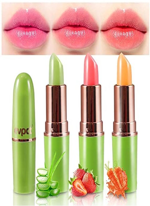3Pcs Color Changing Aloe Vera Strawberry Carrot Lipstick Lip Balm Set,Ph Clear Color Change Changing Jelly Crystal Magic Gel Lipstick Lip Balm Gloss Stain Tint Makeup Set For Women Girls Waterproof 1