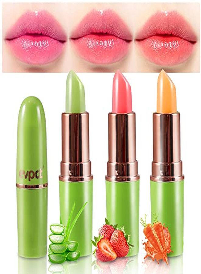 evpct 3Pcs Color Changing Aloe Vera Strawberry Carrot Lipstick Lip Balm Set,Ph Clear Color Change Changing Jelly Crystal Magic Gel Lipstick Lip Balm Gloss Stain Tint Makeup Set For Women Girls Waterproof 1 - Image 1