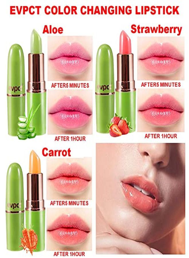 evpct 3Pcs Color Changing Aloe Vera Strawberry Carrot Lipstick Lip Balm Set,Ph Clear Color Change Changing Jelly Crystal Magic Gel Lipstick Lip Balm Gloss Stain Tint Makeup Set For Women Girls Waterproof 1 - Image 2