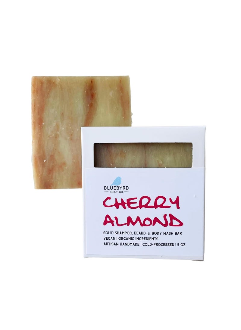 BLUEBYRD SOAP CO. Bluebyrd Soap Co Cherry Almond Aloe Soap Bar for Men  Vegan All in One Shampoo Beard  Body Wash  Made with Organic Aloe  Bentonite and Kaolin Clay  For All Skin  Hair Types  USA Made CHERRY 