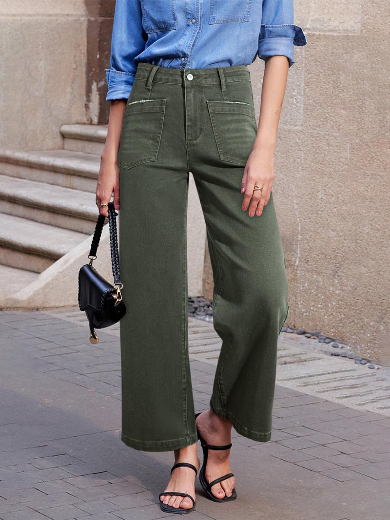 Sidefeel Jeans for Women Trendy High Waisted Stretchy Straight Leg Jeans Loose Ankle Denim Pants Green Size 8 - Image 2