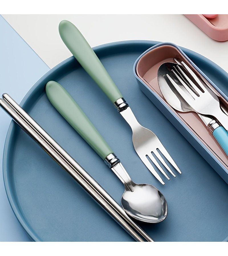 Green Stainless Steel 3 Piece Tableware Set Fork Chopsticks Spoon - Image 5