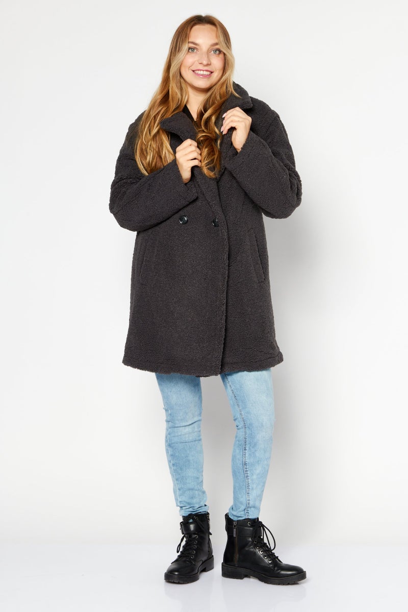 Sam Edelman Women Wide Lapel Fleece Trench Coat, Charcoal - Image 4