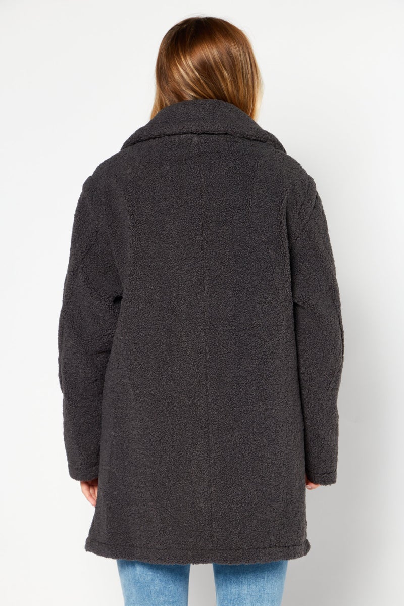 Sam Edelman Women Wide Lapel Fleece Trench Coat, Charcoal - Image 2