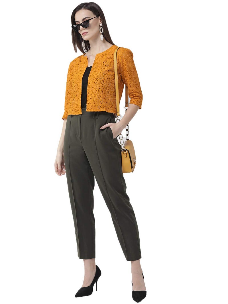 Style Quotient Women Mustard Self Design Floral lace Regular Open Front Shrug - Image 5