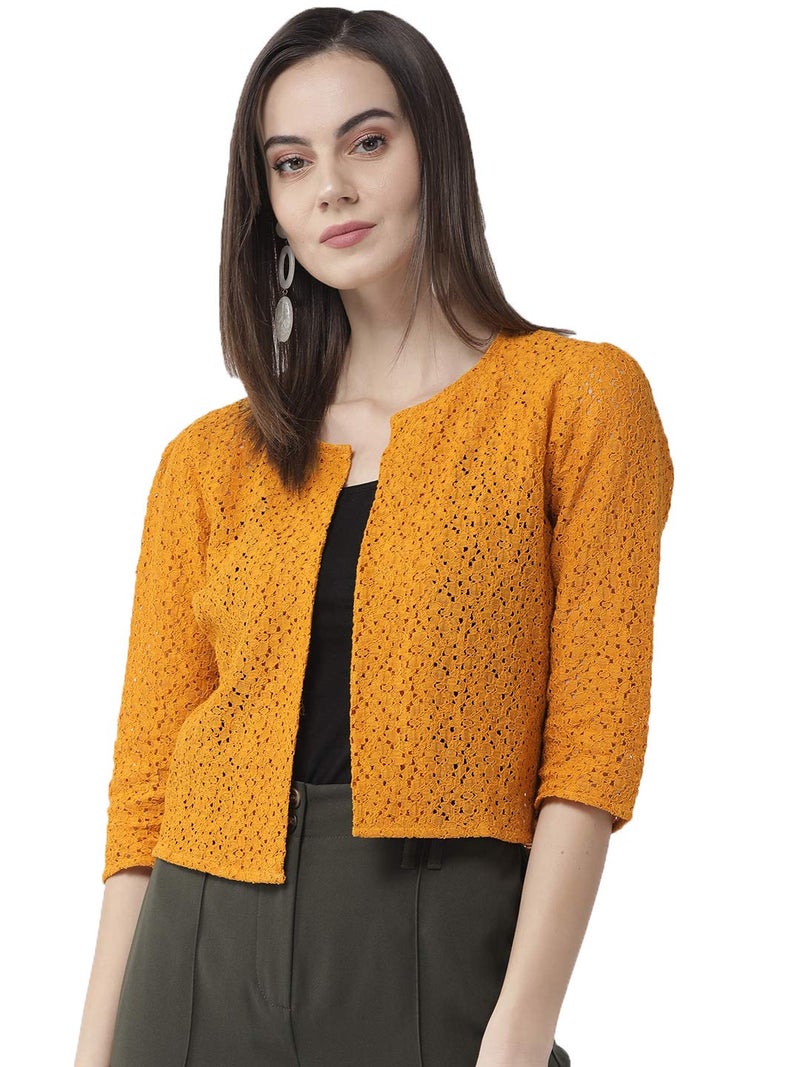 Style Quotient Women Mustard Self Design Floral lace Regular Open Front Shrug - Image 1