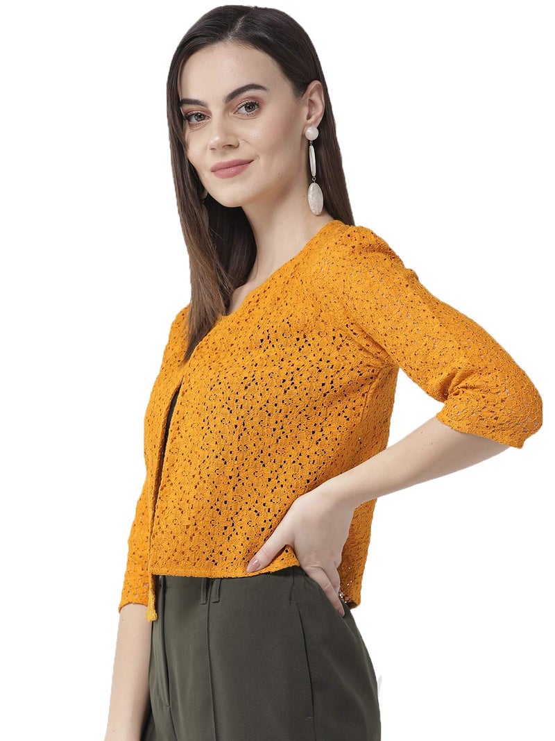 Style Quotient Women Mustard Self Design Floral lace Regular Open Front Shrug - Image 3