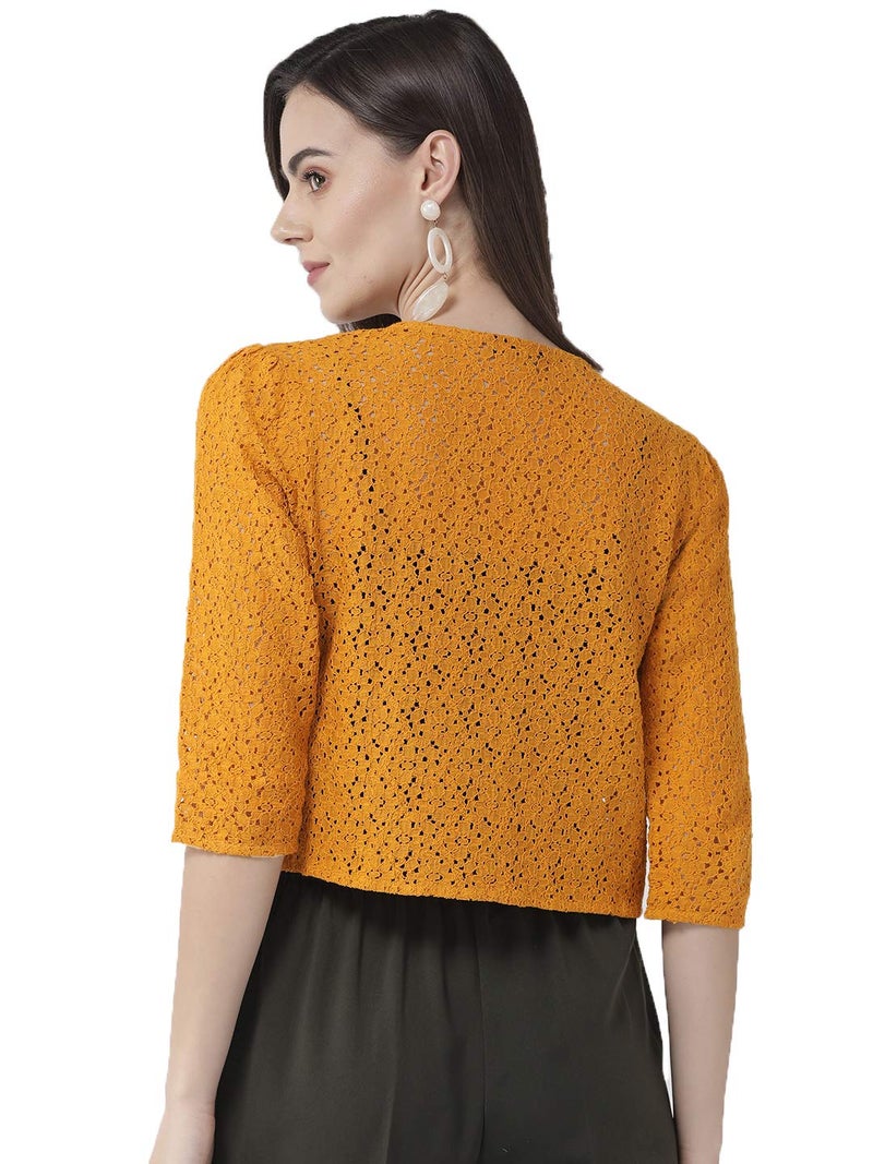 Style Quotient Women Mustard Self Design Floral lace Regular Open Front Shrug - Image 4