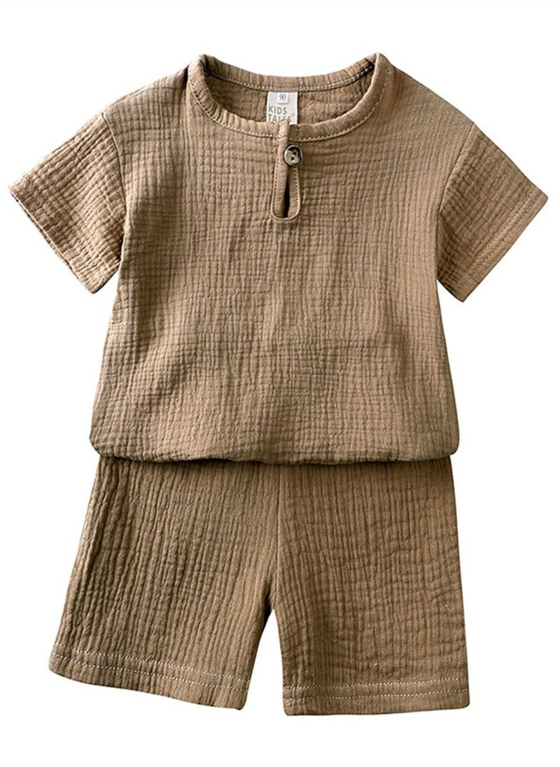 KIDS TALES - Children's Cotton Short-sleeved T-shirt Shorts Chinese Style Thin Suit Brown - Image 1