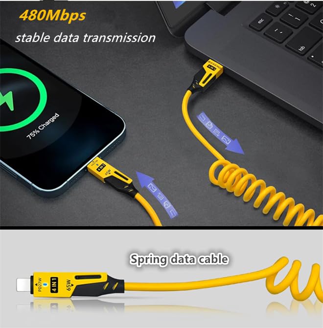 HDHDHJ 4 in 1 USB Charging Cable,Fast Charger Cable for Car,Multi USB Cable,Spring Wire Charger Cord for iPhone iPad Mac Samsung Tablets PC,Rebound Tidy Charger Cord - Image 3