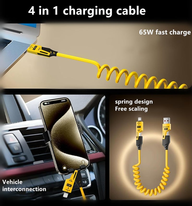 HDHDHJ 4 in 1 USB Charging Cable,Fast Charger Cable for Car,Multi USB Cable,Spring Wire Charger Cord for iPhone iPad Mac Samsung Tablets PC,Rebound Tidy Charger Cord - Image 2