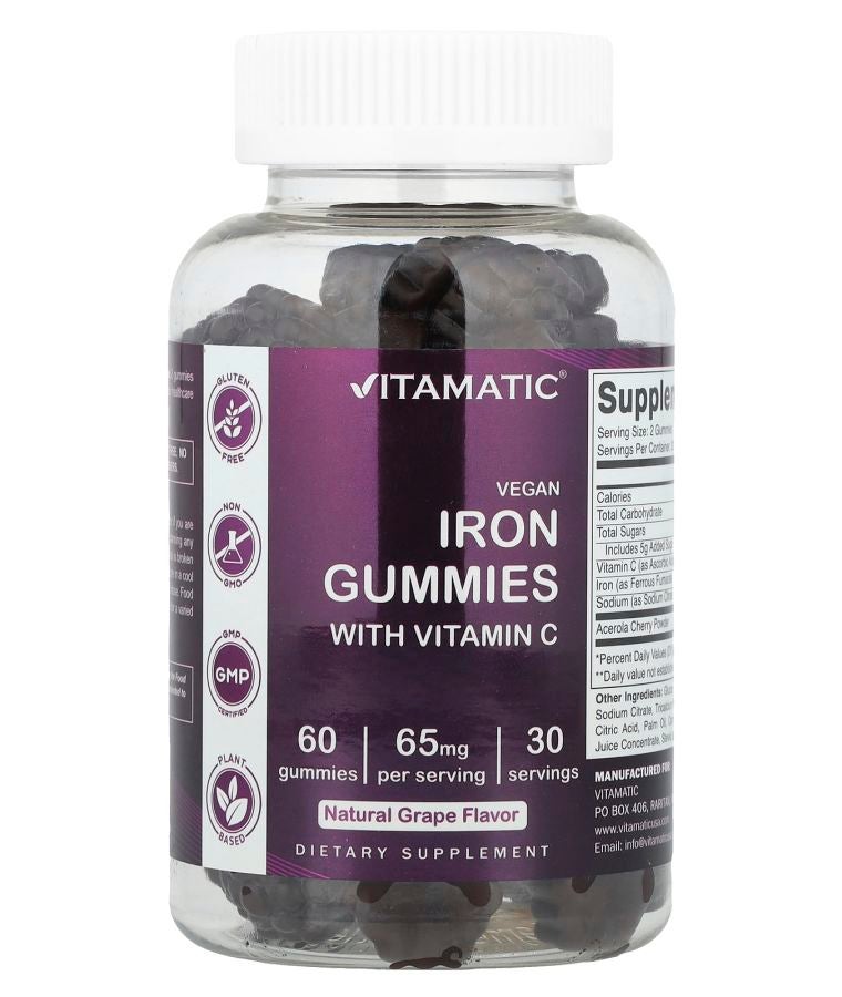 Vitamatic Vegan Iron Gummies With Vitamin C Natural Grape 60 Gummies