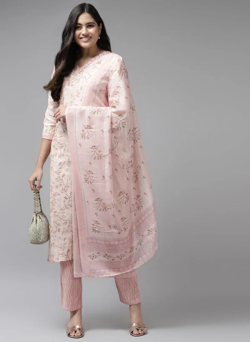 ZERESOUQ Pink Silk Ethnic Motif Print 3-Piece Kurta Set