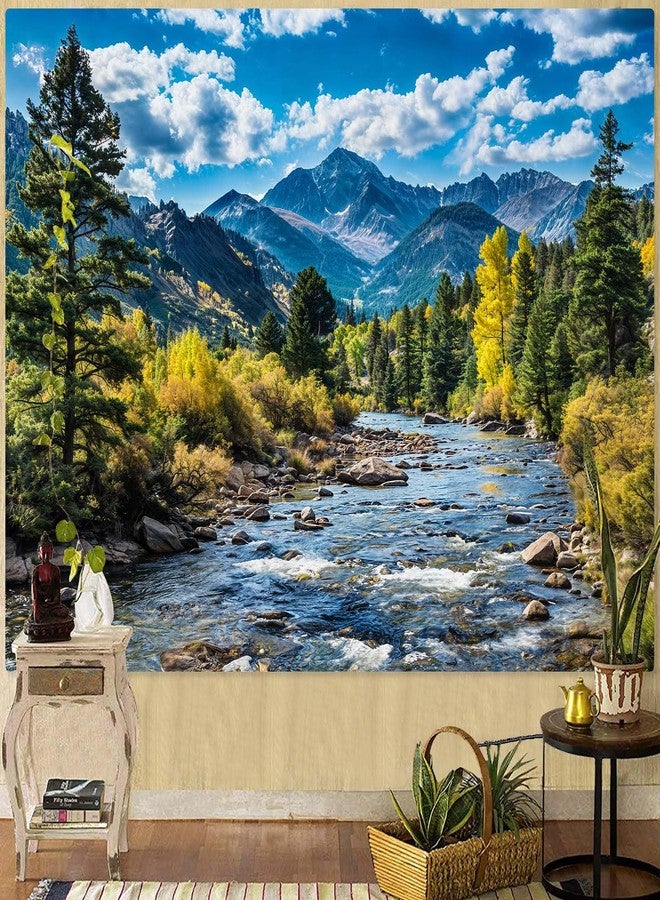 أمم نسيج جداري من AMM Nature Forest Mountain، نسيج جداري لأشجار الصنوبر الخضراء لغرفة النوم، نسيج جداري جمالي لغيوم بيضاء ونهر متدفق، نسيج جداري للفصول الدراسية، معلق على الحائط لغرفة المعيشة، غرفة النوم، المكتب - Image 2