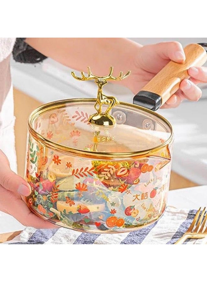 Heat-resistant glass casserole with a lid and golden deer handle, wooden handle, 1.8 litre capacity, honey colour with floral patterns - Image 1