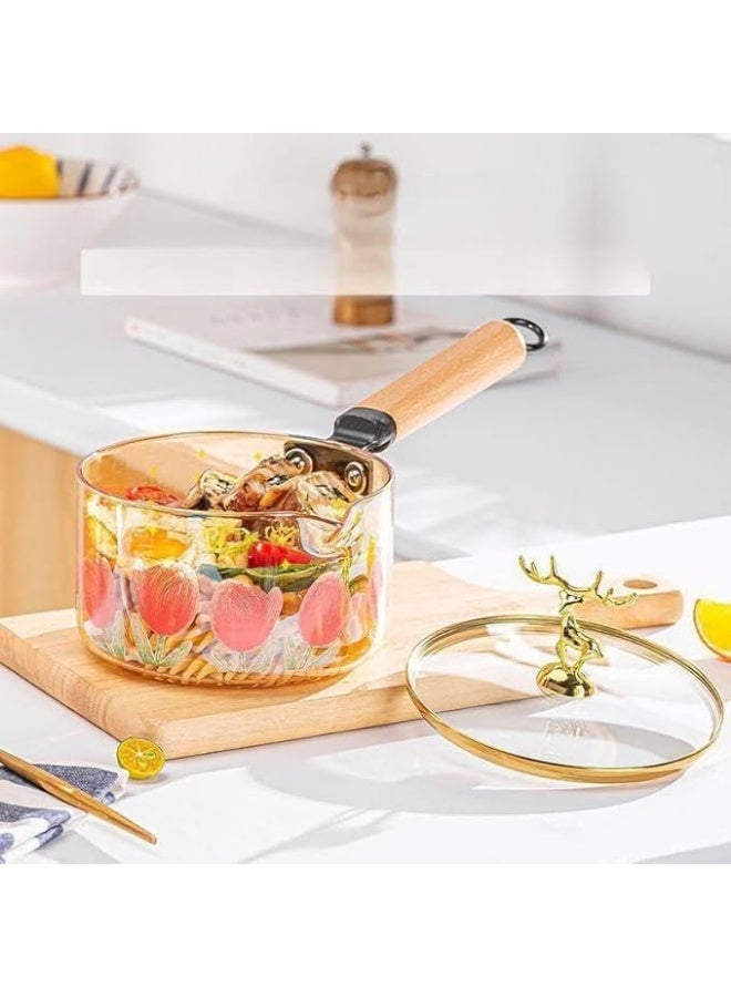 Heat-resistant glass casserole with a lid and golden deer handle, wooden handle, 1.8 litre capacity, honey colour with floral patterns - Image 3