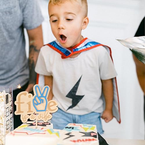 VANGNING Five is a Vibe Cake Topper - Wood 5th Birthday Decor, Retro, Peace Hand, Groovy - Image 3