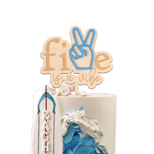 VANGNING Five is a Vibe Cake Topper - Wood 5th Birthday Decor, Retro, Peace Hand, Groovy - Image 1