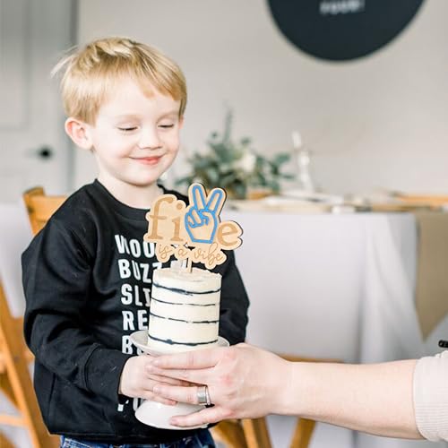 VANGNING Five is a Vibe Cake Topper - Wood 5th Birthday Decor, Retro, Peace Hand, Groovy - Image 5
