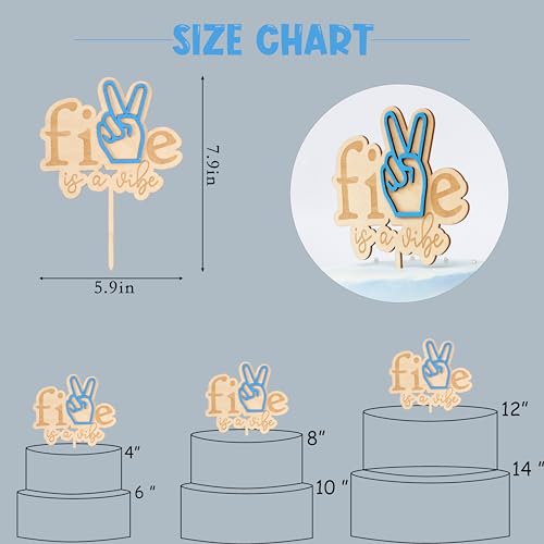 VANGNING Five is a Vibe Cake Topper - Wood 5th Birthday Decor, Retro, Peace Hand, Groovy - Image 2