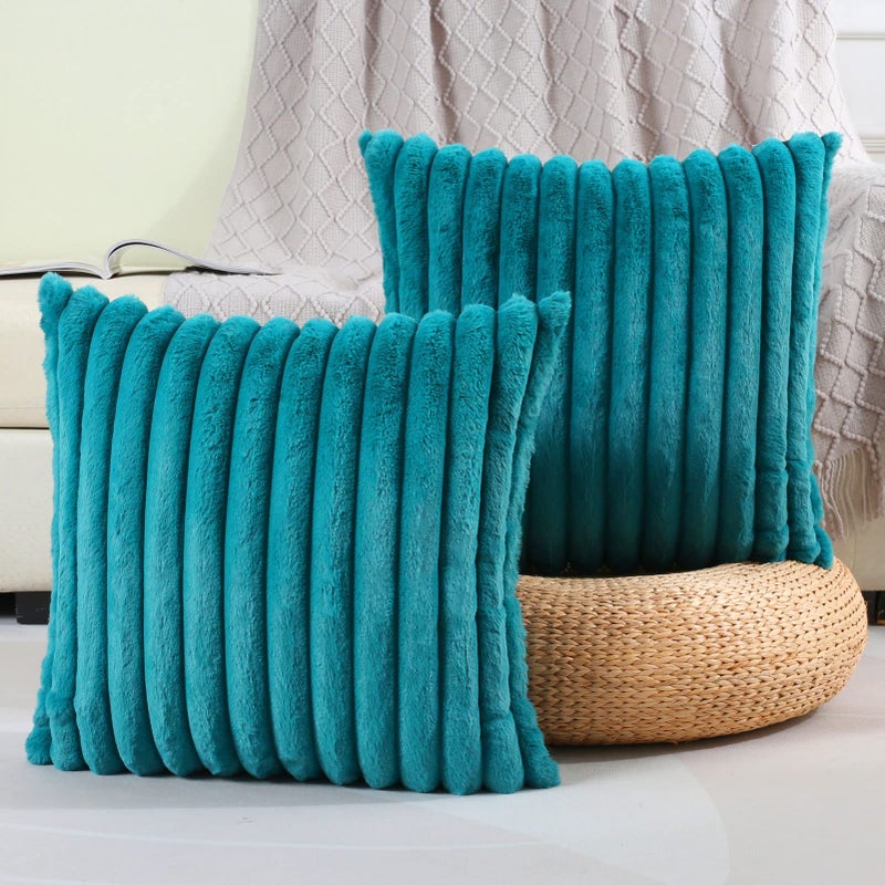 FUTEI Teal Green Striped Decorative Throw Pillow Covers 20x20 Inch Set of 2Square Spring Decorations Couch Pillow CaseSoft Cozy Faux Rabbit Fur  Velvet BackModern Home Decor for Bed