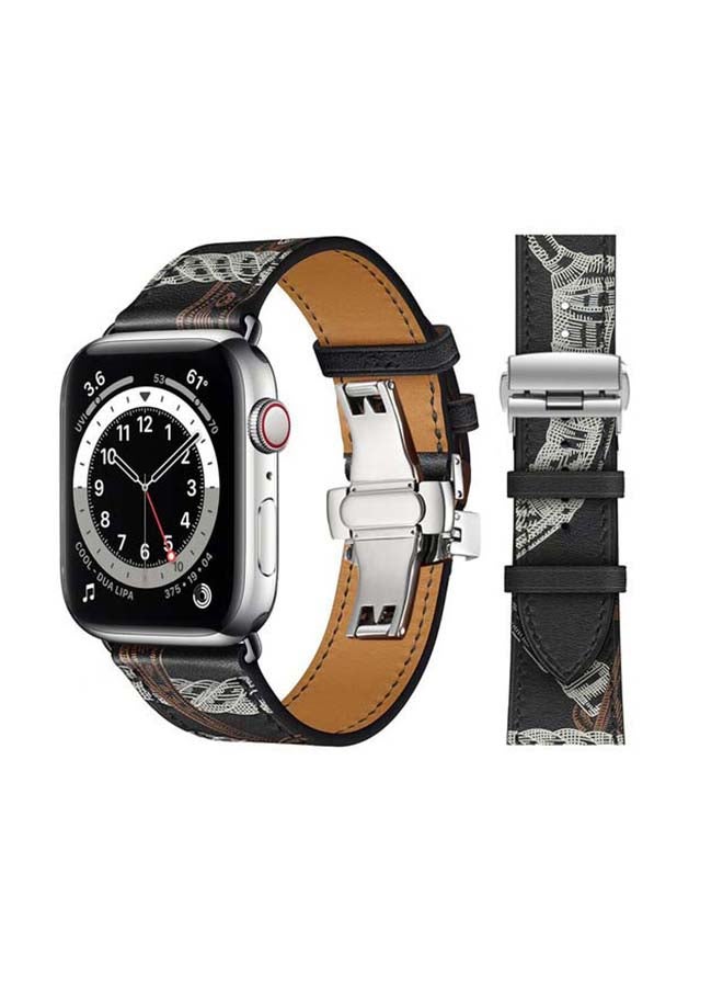 Perfii Genuine Leather Replacement Band with Silver Buckle for Apple Watch Series 6/SE/5/4/3/2/1 44/42mm Black/White