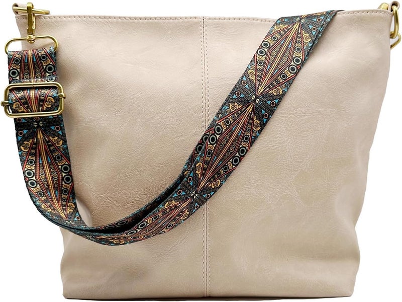Kawn® Sling Bag for Women Girls with Wide Bohemian Guitar Strap Small Hobo Shoulder Bags For Work, Travel Vegan Leather Retro Fashion Crossbody Bag Ladies Purses with Zipper Handbags for Women (Beige) - Image 1