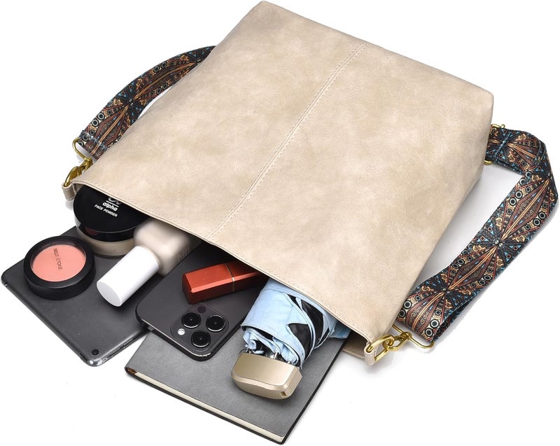 Kawn® Sling Bag for Women Girls with Wide Bohemian Guitar Strap Small Hobo Shoulder Bags For Work, Travel Vegan Leather Retro Fashion Crossbody Bag Ladies Purses with Zipper Handbags for Women (Beige) - Image 3