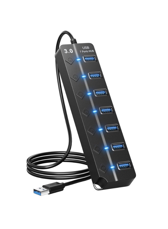 كونشاو USB Hub 3.0 ، 7-Port USB Hub Splitter مع مفاتيح التشغيل / إيقاف التشغيل والأضواء الفردية ، كابل طويل 3.2ft / 1m متوافق مع MacBook ، الكمبيوتر المحمول ، Surface Pro ، PS4 ، الكمبيوتر الشخصي ، محرك أقراص فلاش ، محرك أقراص صلبة متنقل - Image 1