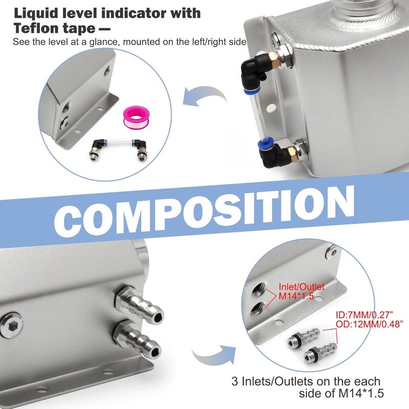 YIUIY Universal Coolant Reservoir Overflow Tank 1L Aluminum Radiator Expansion Tank - Silver - Image 4
