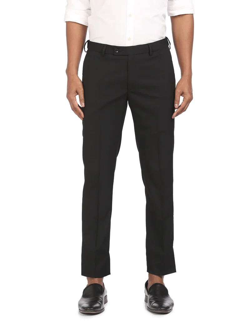 Arrow Black Mid Rise Solid Formal Trousers for Men | Best Price UAE