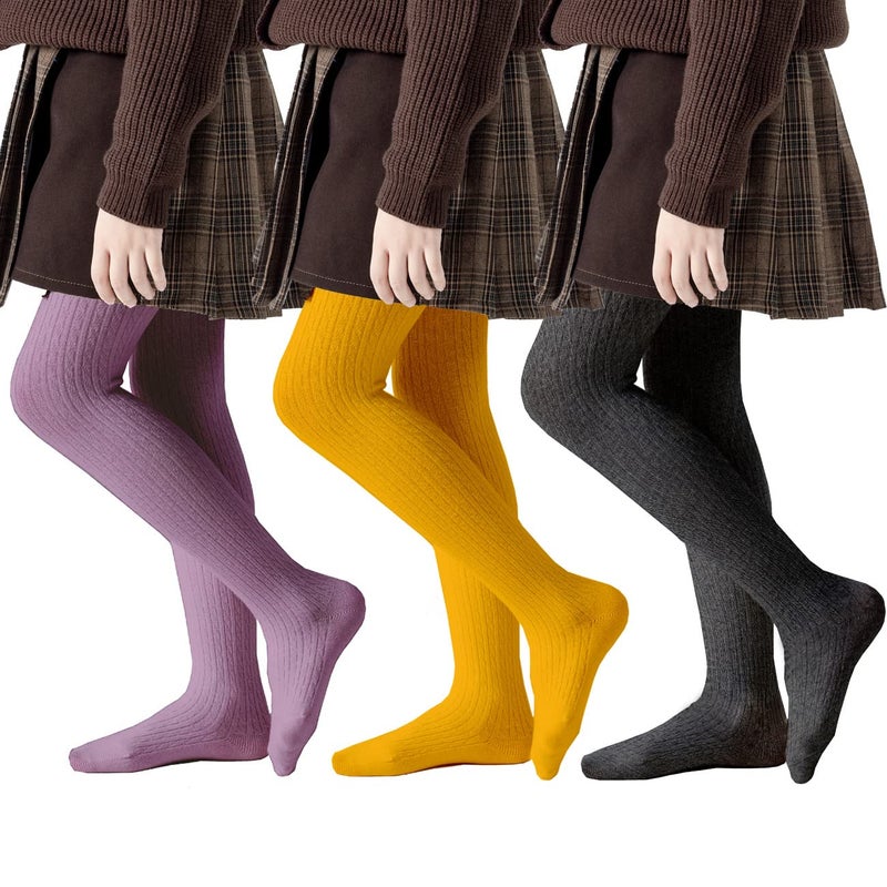 hakugoo Girls Tights Toddler Cable Knit Leggings Stockings 3 pack Cotton Seamless Pantyhose Pants for Kids Girls CharcoalYellowPurple 46 Years