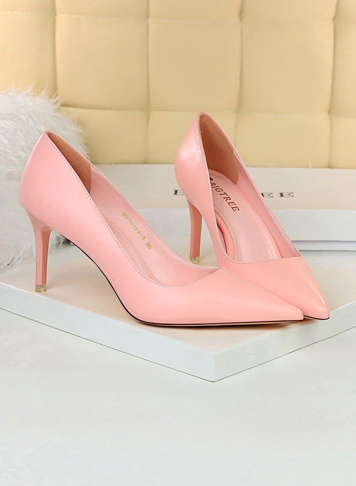 بيج تري Women's Solid Color Elegant Stiletto Pumps 7.5CM Fashion Gorgeous Closed Pointed Toe Slip On Solid High Heels Pink - Image 2