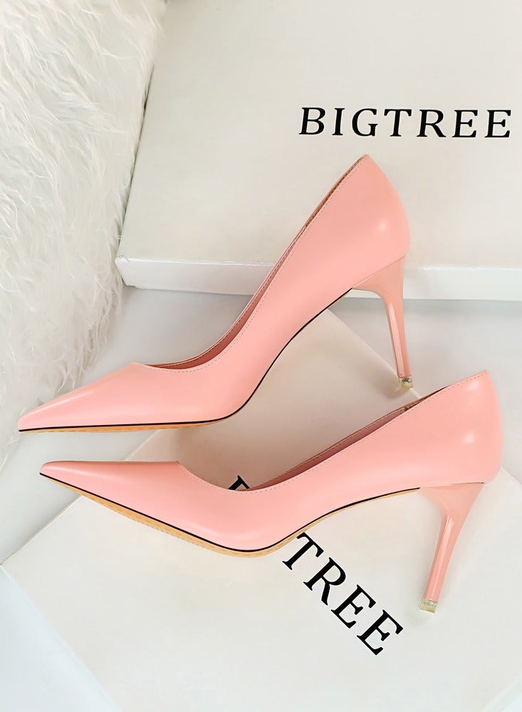 بيج تري Women's Solid Color Elegant Stiletto Pumps 7.5CM Fashion Gorgeous Closed Pointed Toe Slip On Solid High Heels Pink - Image 3